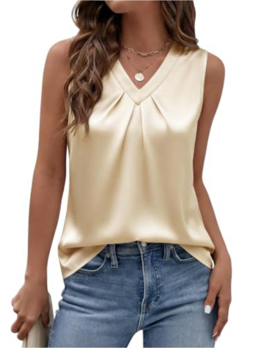 Silk Satin Tank Top Pleated V Neck Sleeveless Blouse Business Casual Work Top